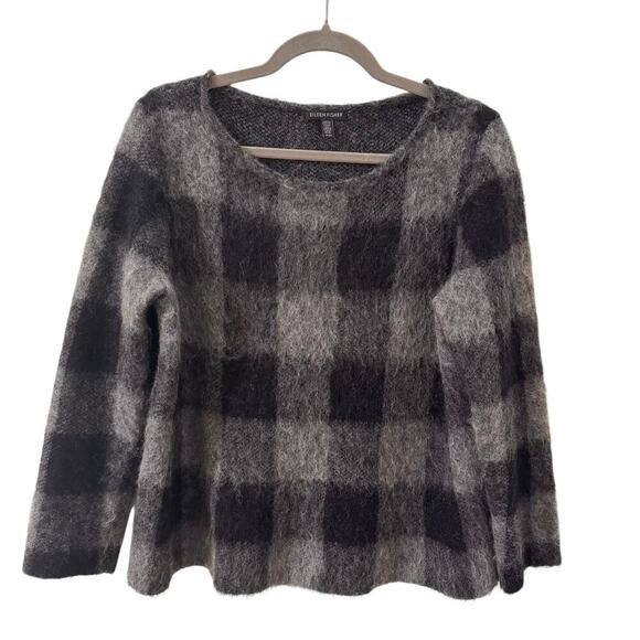 Eileen Fisher Mohair Alpaca Blend Check Plaid Sweater Black Gray Size Medium - Picture 4 of 10
